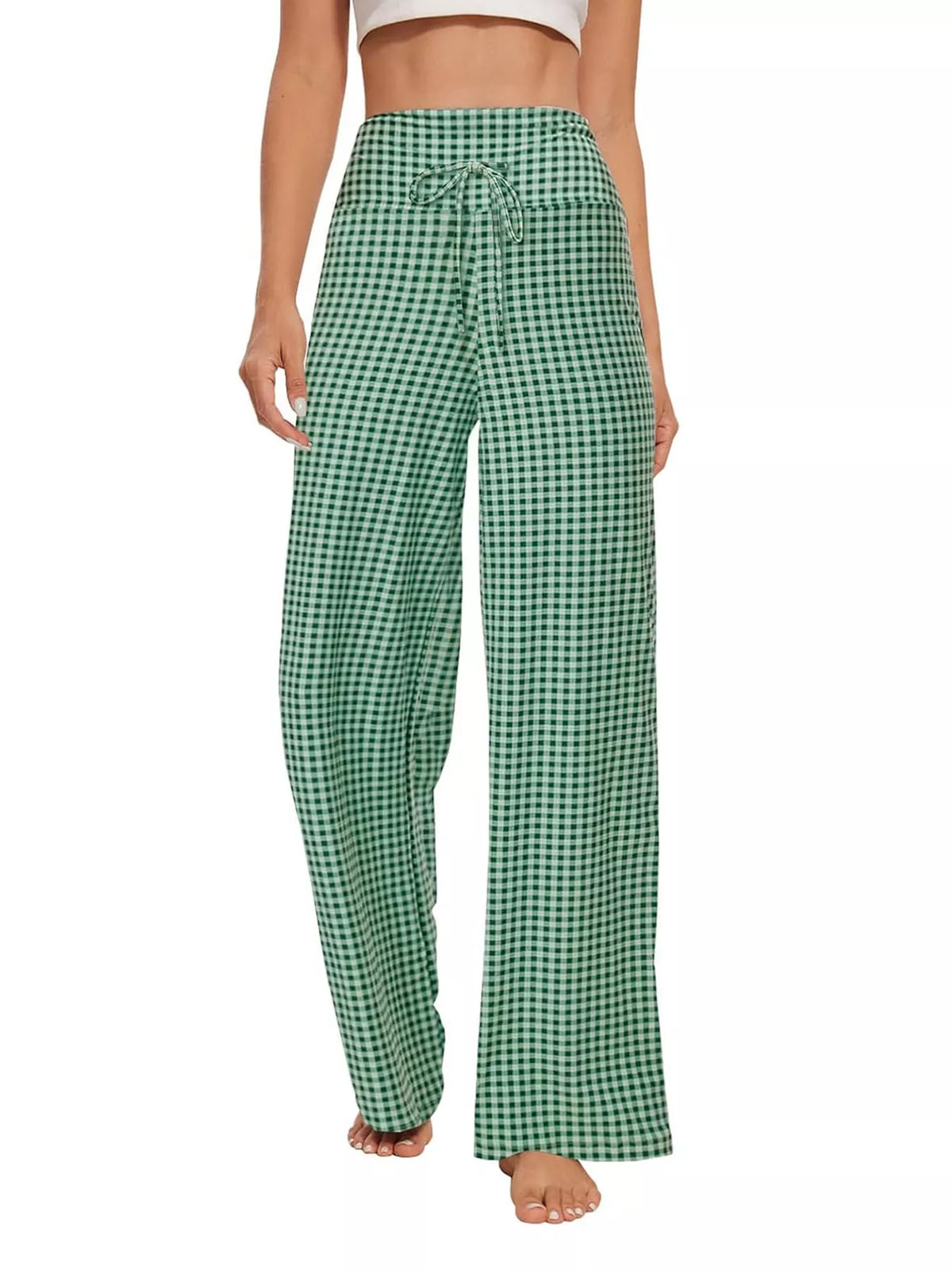 Green gingham drawstring wide-leg pants — front view