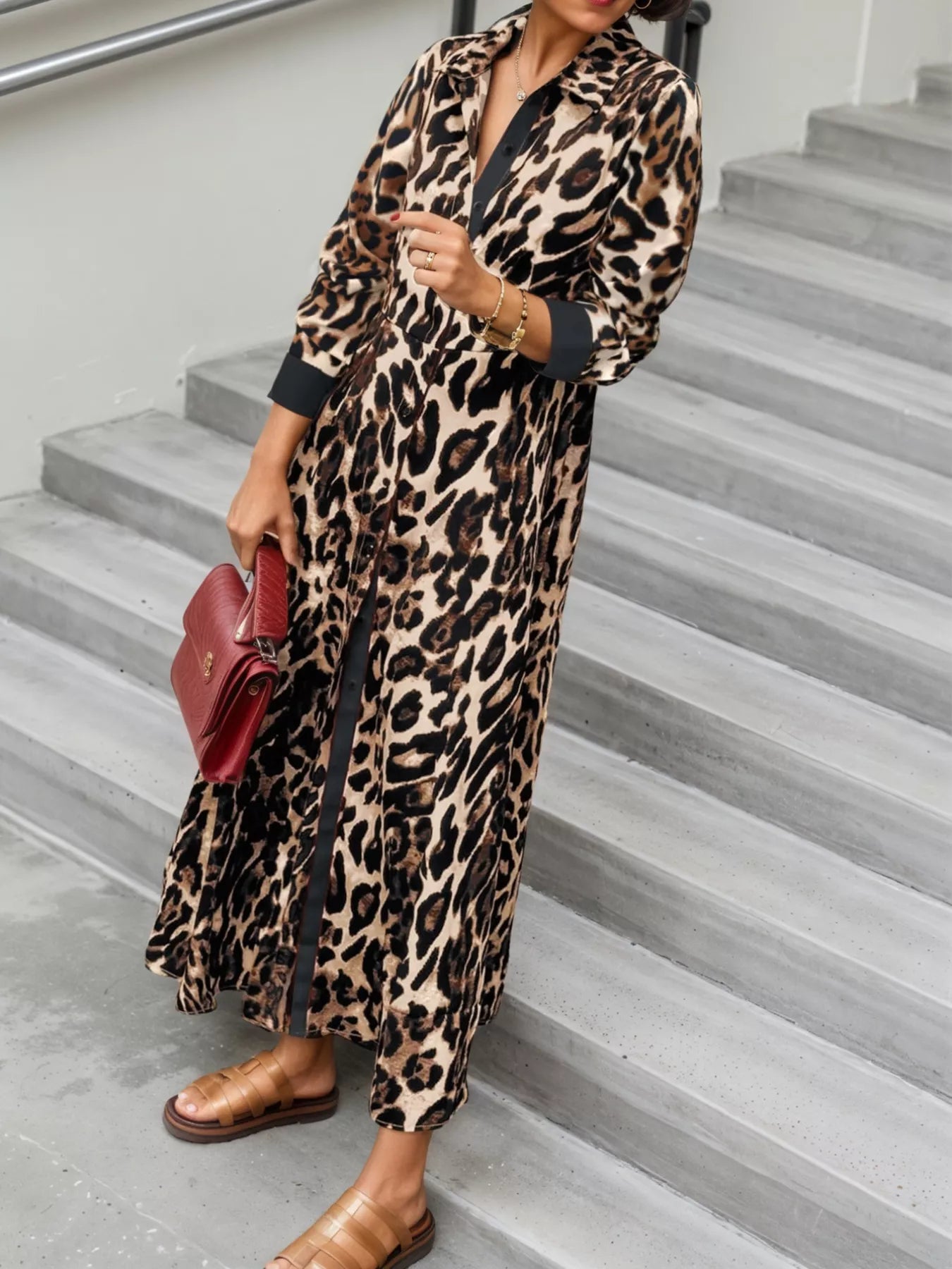 Trendsi Leopard Print Long Sleeve Shirt Dress with Contrast Trim -