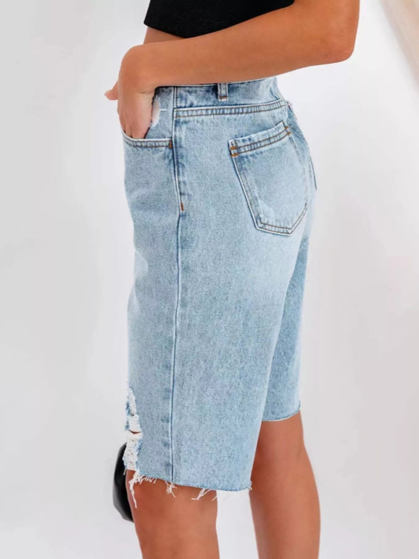 Trendsi High-Waisted Distressed Denim Shorts -