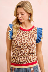 Trendsi BiBi 4th Of July Leopard Ruffled Detail Knit Top -