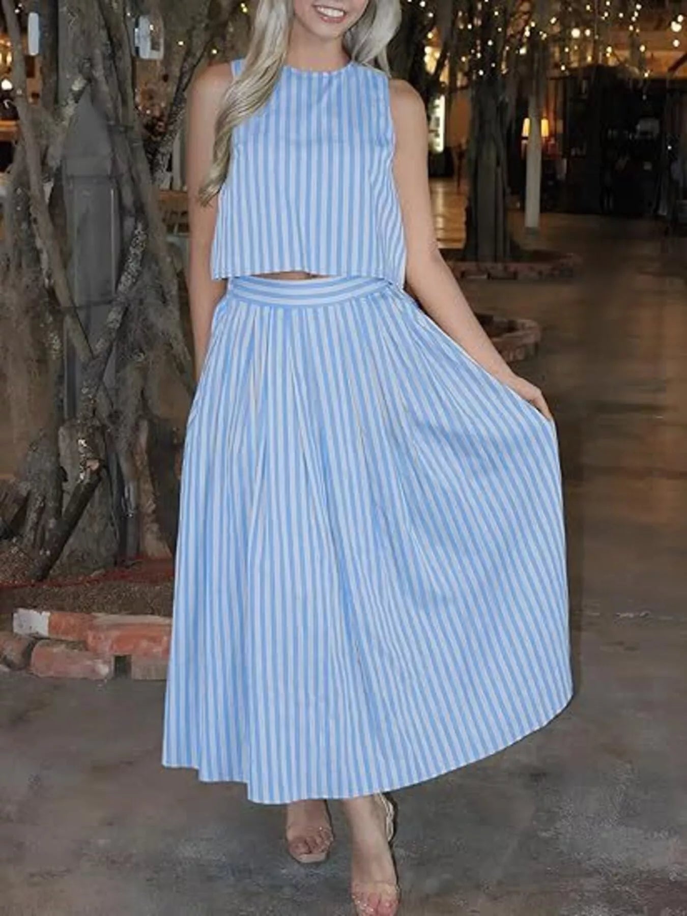 Trendsi Striped Sleeveless Top and Midi Skirt Two-Piece Set -
