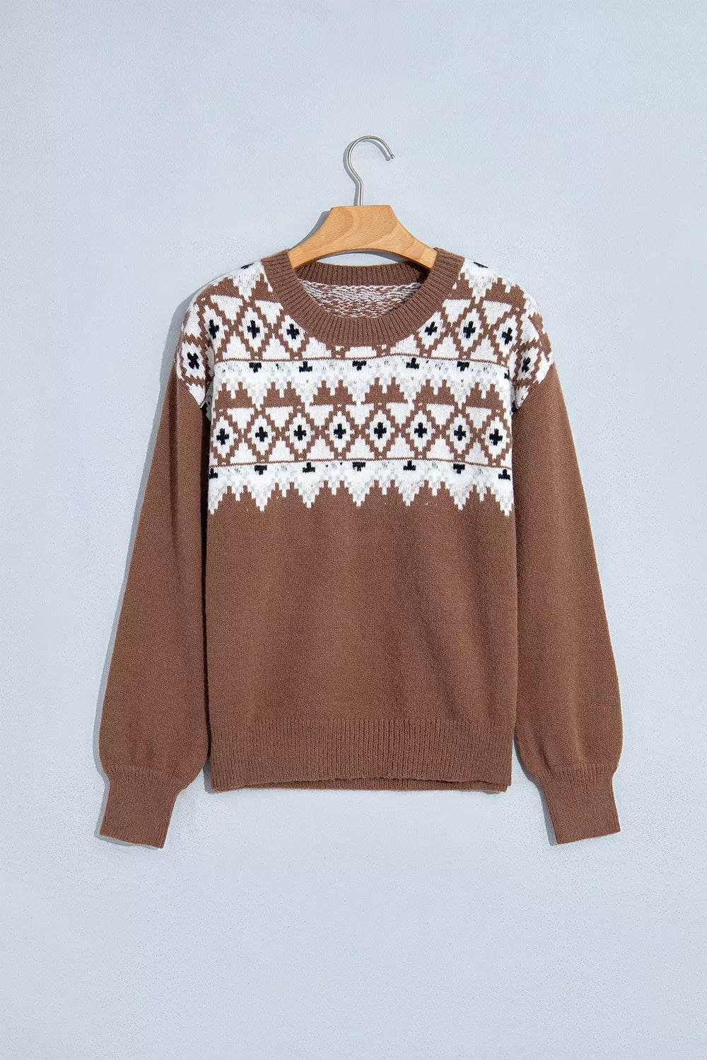 Women's Geometric Print Drop Shoulder Casual Pullover Sweater in Caramel, full-length view