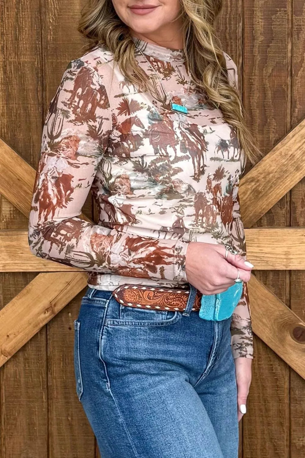 Trendsi Western Scene Mesh Long Sleeve Top -