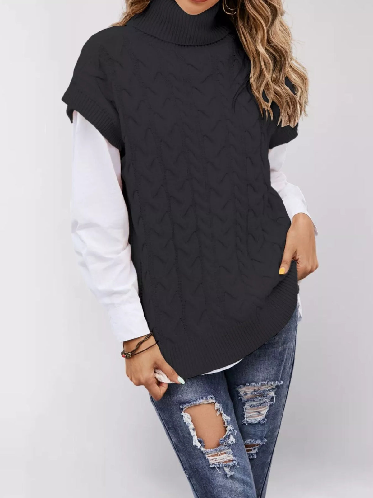 Trendsi Chunky Knit Turtleneck Cap Sleeve Sweater -