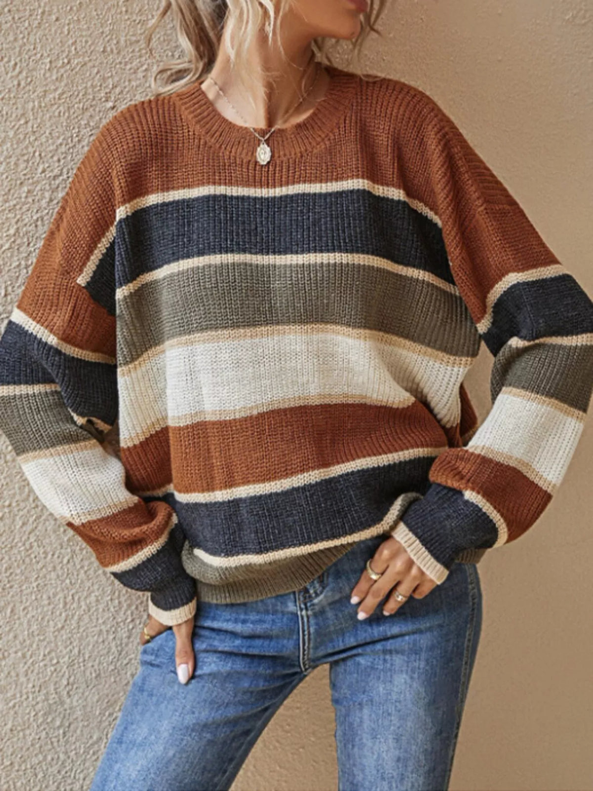 Color Block Striped Crew Neck Sweater in brown with multicolor stripes, front view
