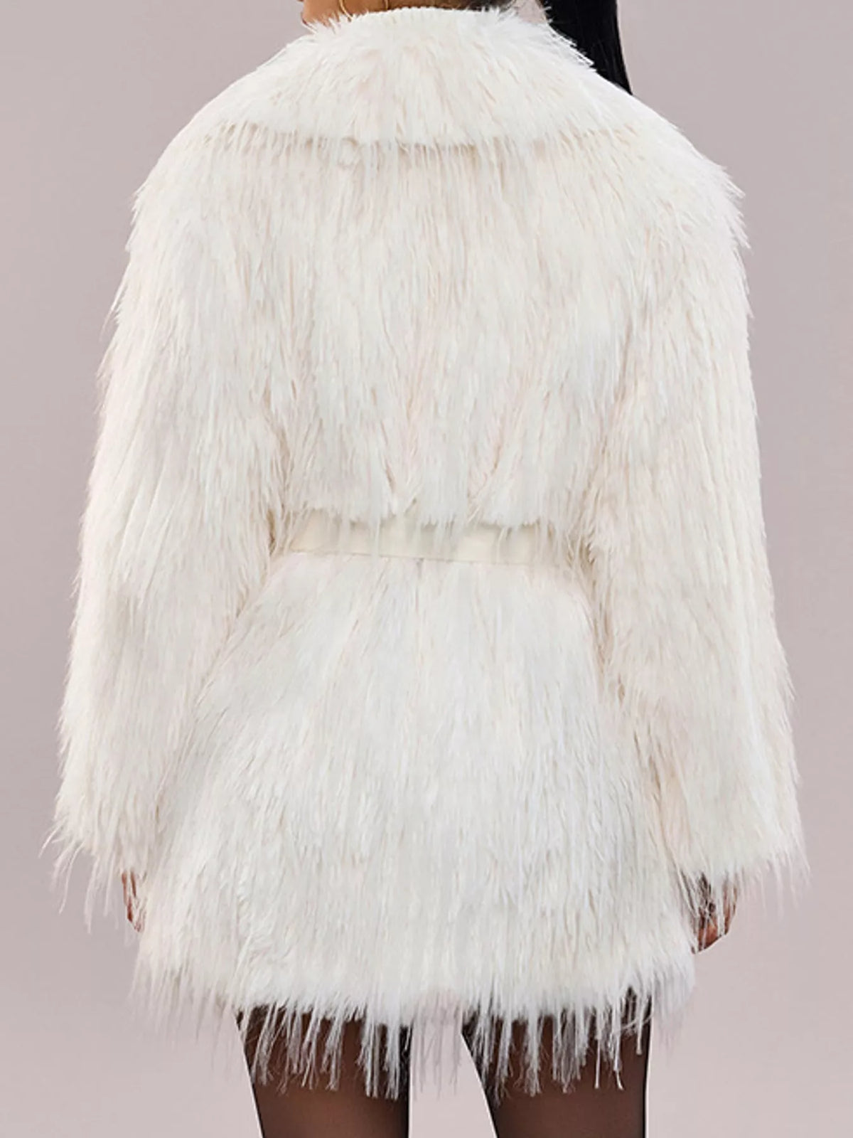 Faux Fur Shaggy Coat, back view in white