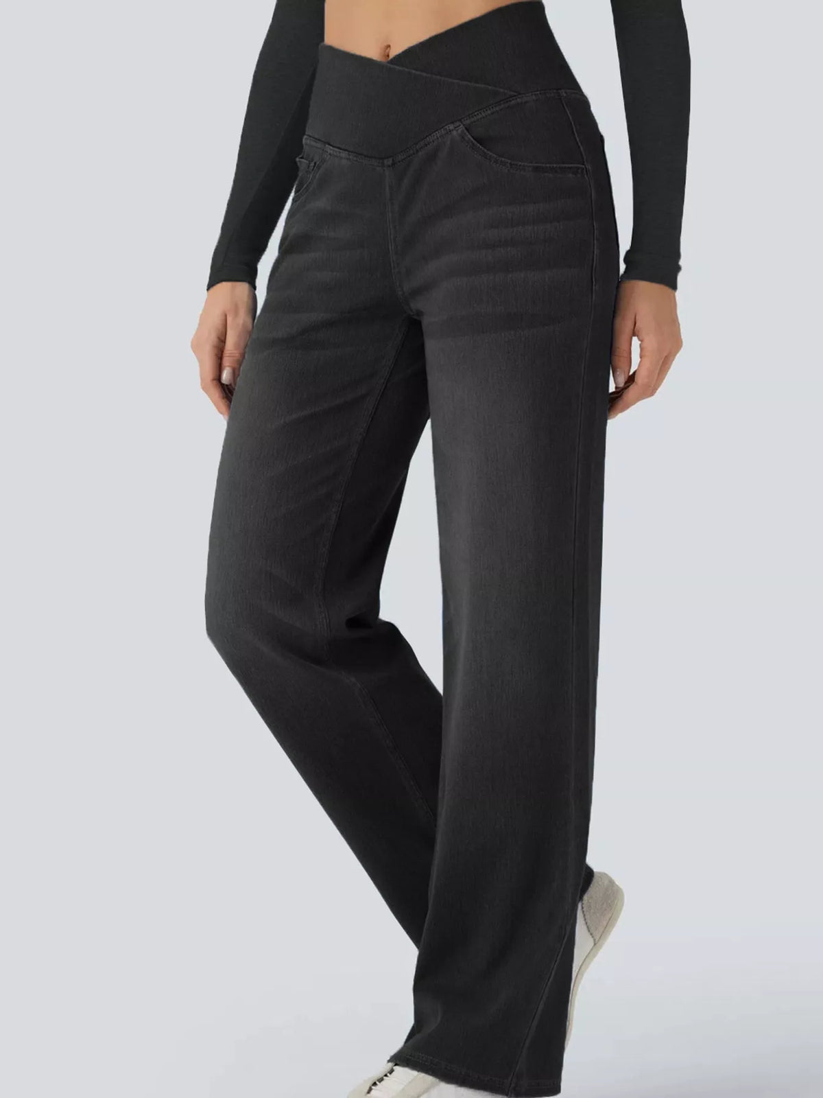 High-Waisted Crossover Straight-Leg Jeans, front view