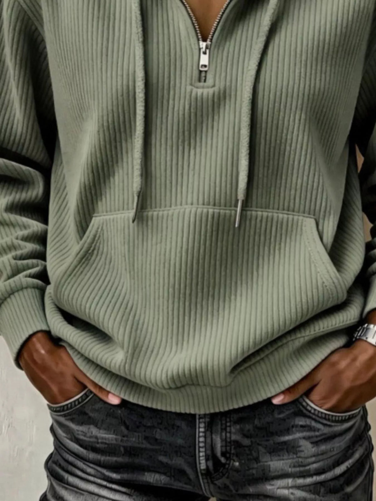 Ribbed Knit Quarter-Zip Hoodie, pocket detail