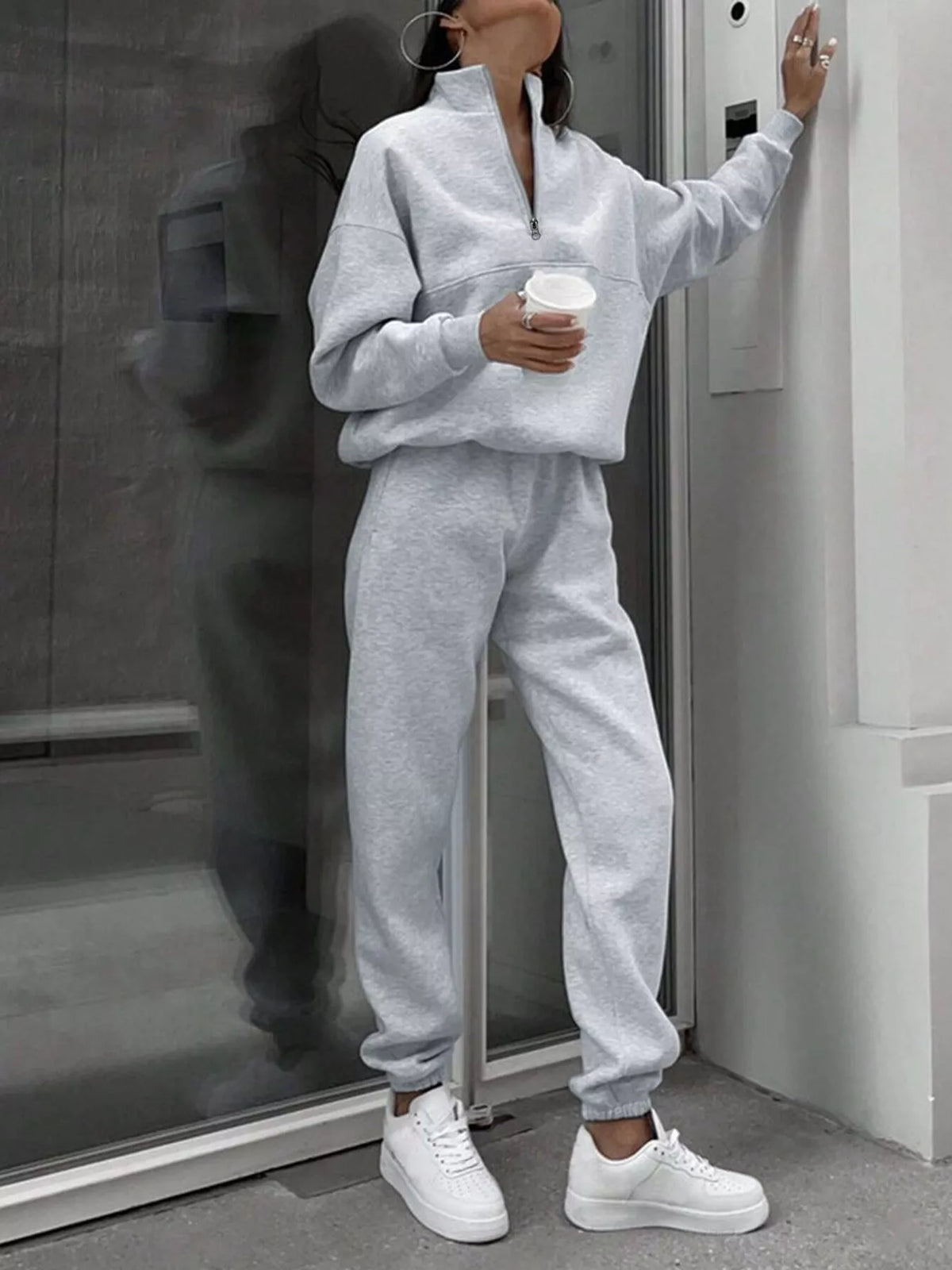 Half-zip top and pants set, gray full front