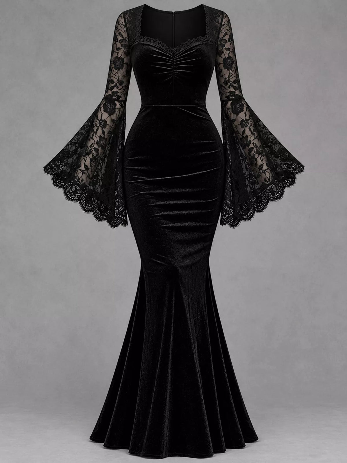 Black lace flare sleeve maxi dress — front view