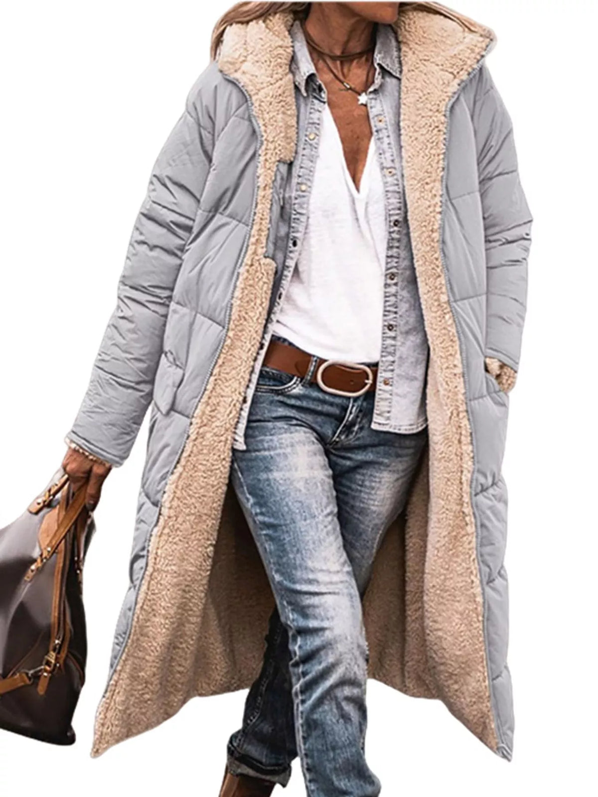 Gray longline sherpa-lined hooded puffer coat