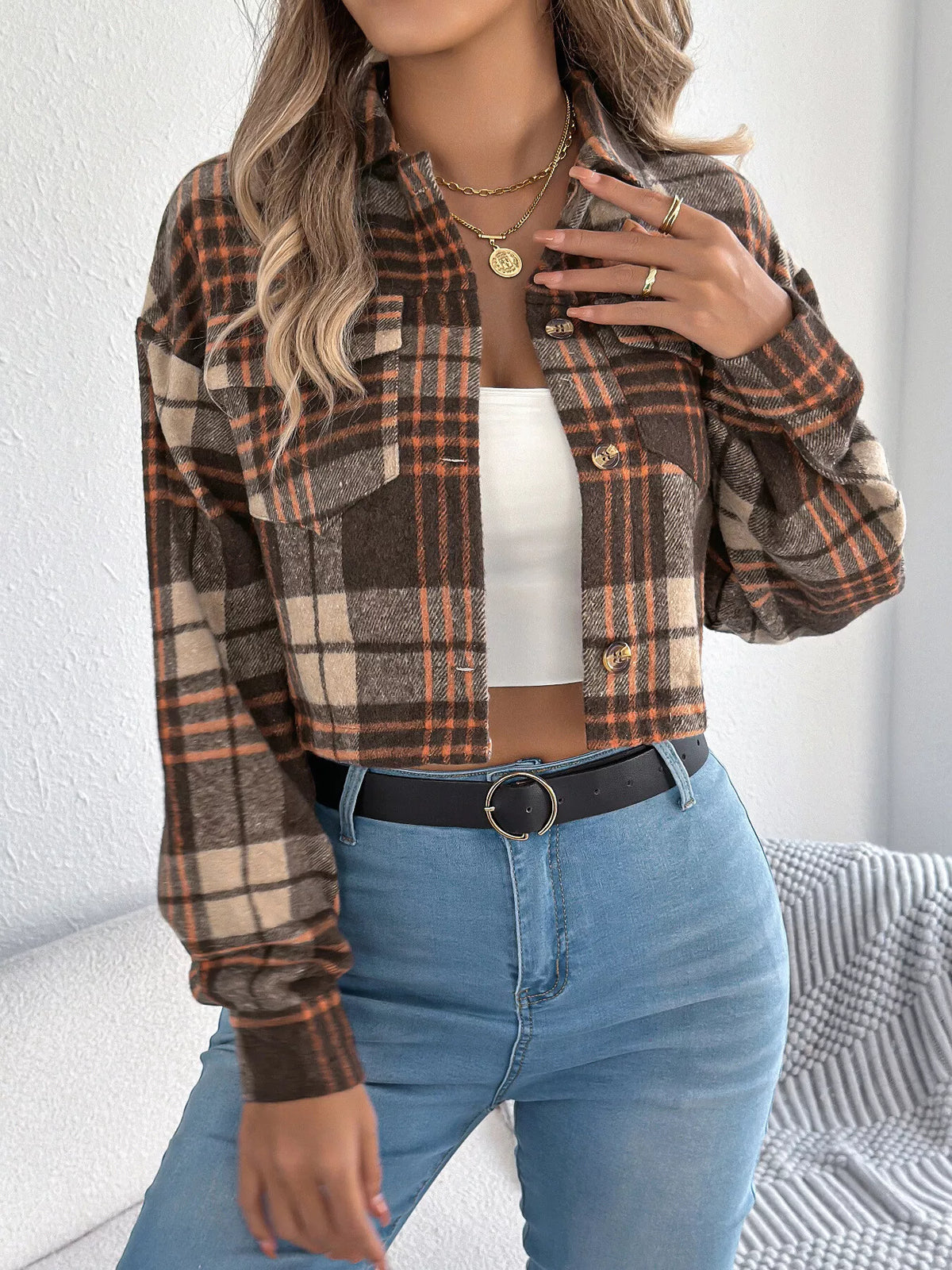 Brown plaid button-up cropped jacket