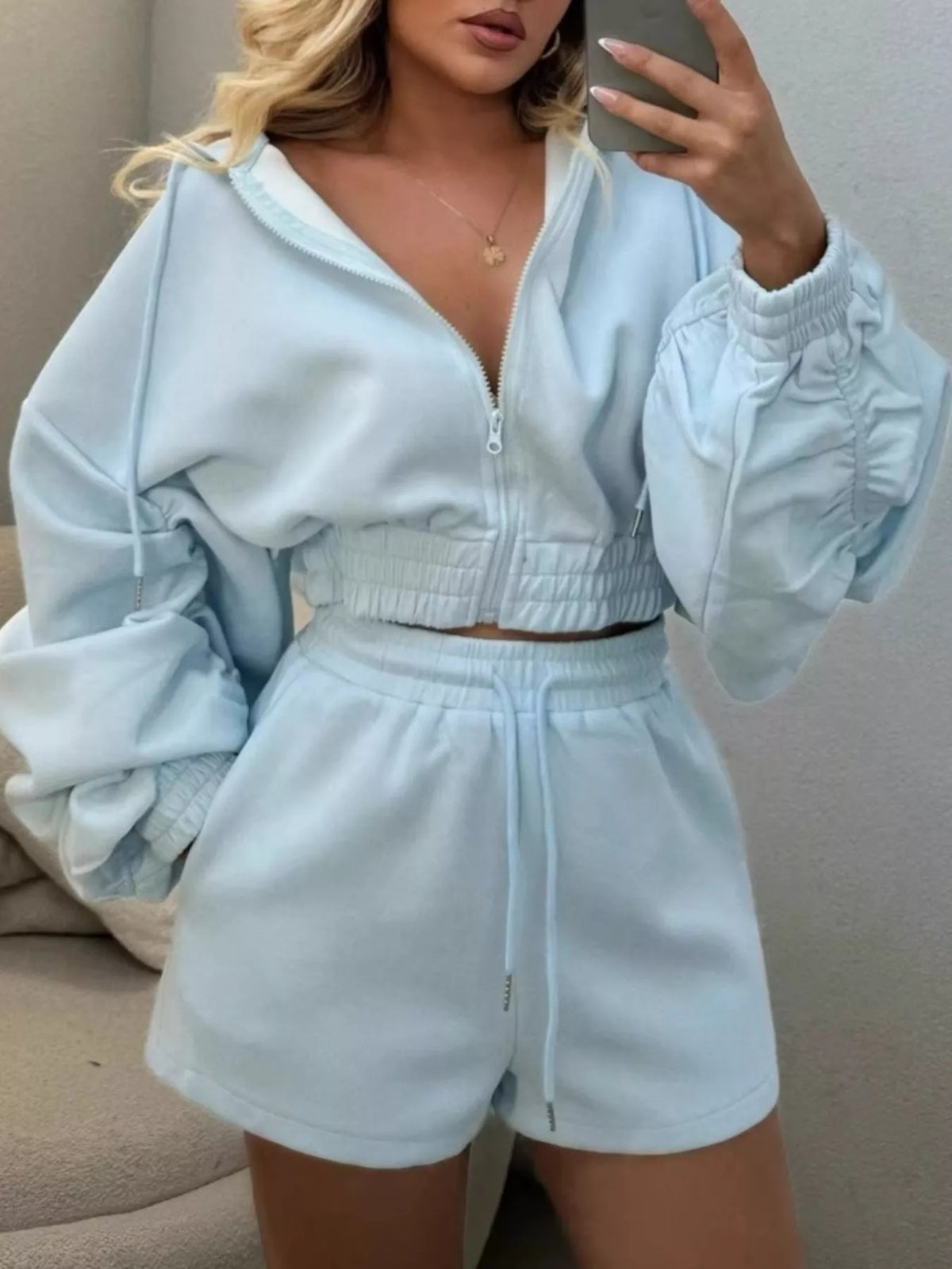 Trendsi Zip-Up Jacket and High-Waisted Drawstring Shorts Set -
