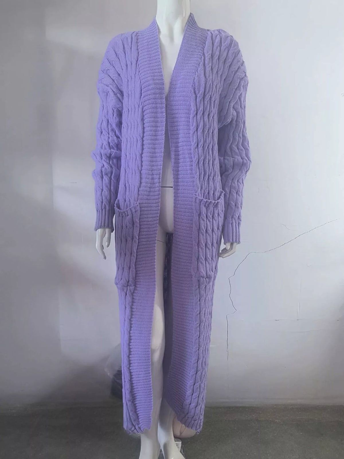 Light Purple cable-knit longline open-front cardigan