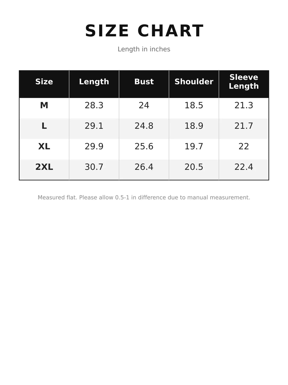 Size chart for plaid button-up hooded shacket