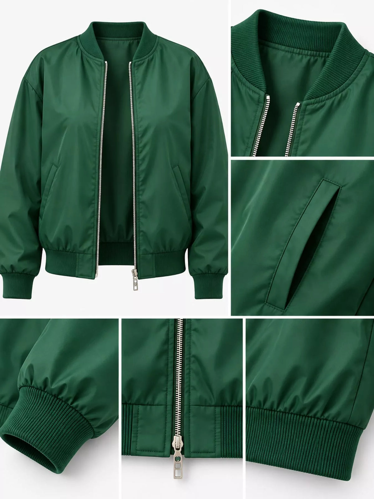 Green zip-up bomber jacket, detail view