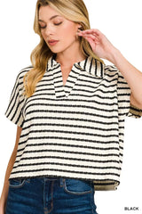 Trendsi Zenana Striped Split Neck Collared Top -