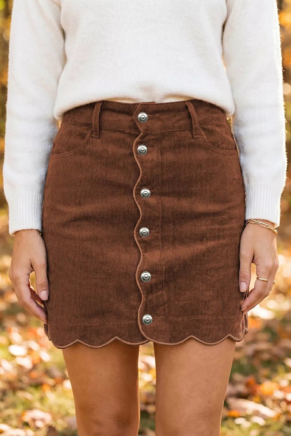 Trendsi Button Front Corduroy Mini Pockets Sheath Silhouette Skirt -