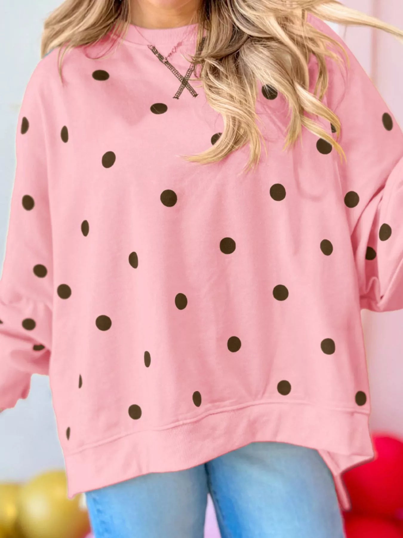 Trendsi Side Slit Polka Dot Oversized Sweatshirt -