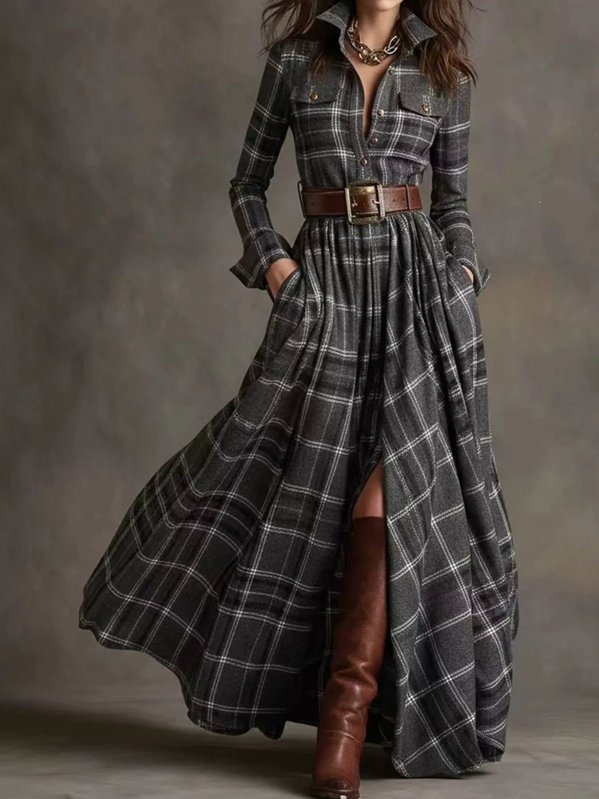 Vintage Plaid Button-Down Maxi Shirt Dress in gray