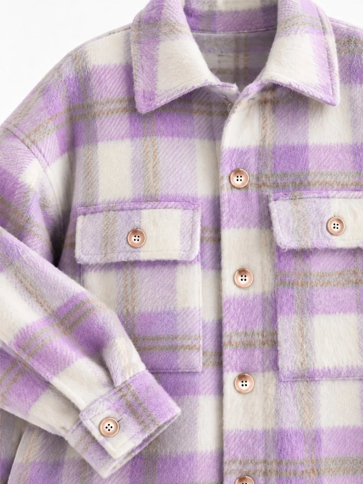 Purple and cream plaid button down jacket, detail view