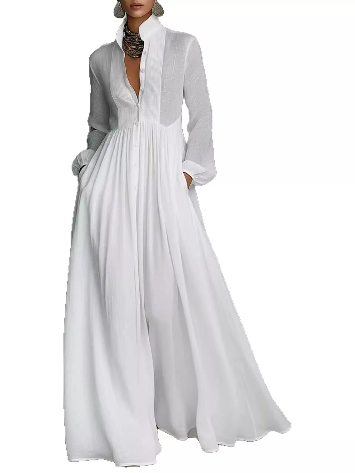 White long sleeve button-front maxi dress