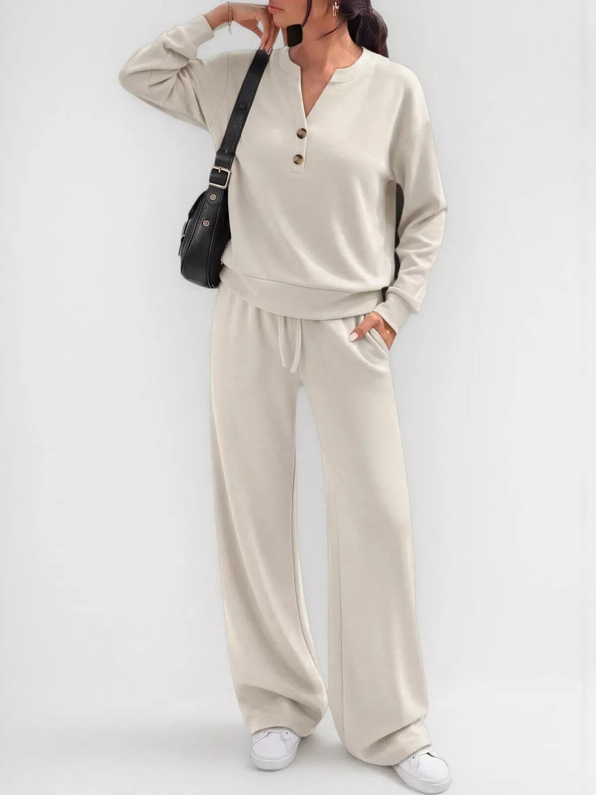 Button-detail dropped-shoulder top and pants set