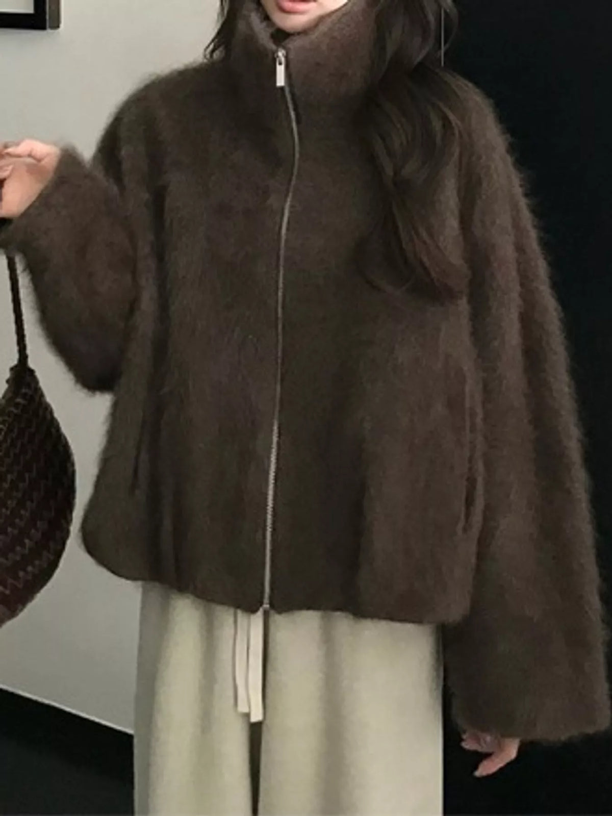 Fuzzy Zip-Up Stand Collar Jacket in brown