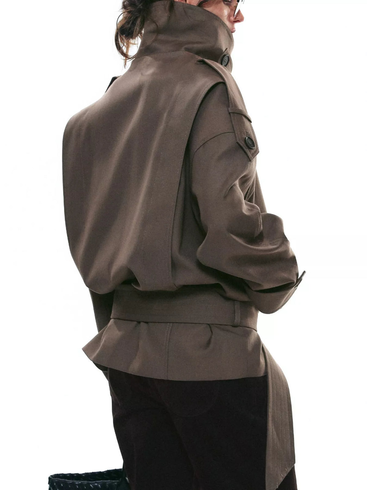 Women's Belted Waist Button Up Trench Jacket in brown — side view