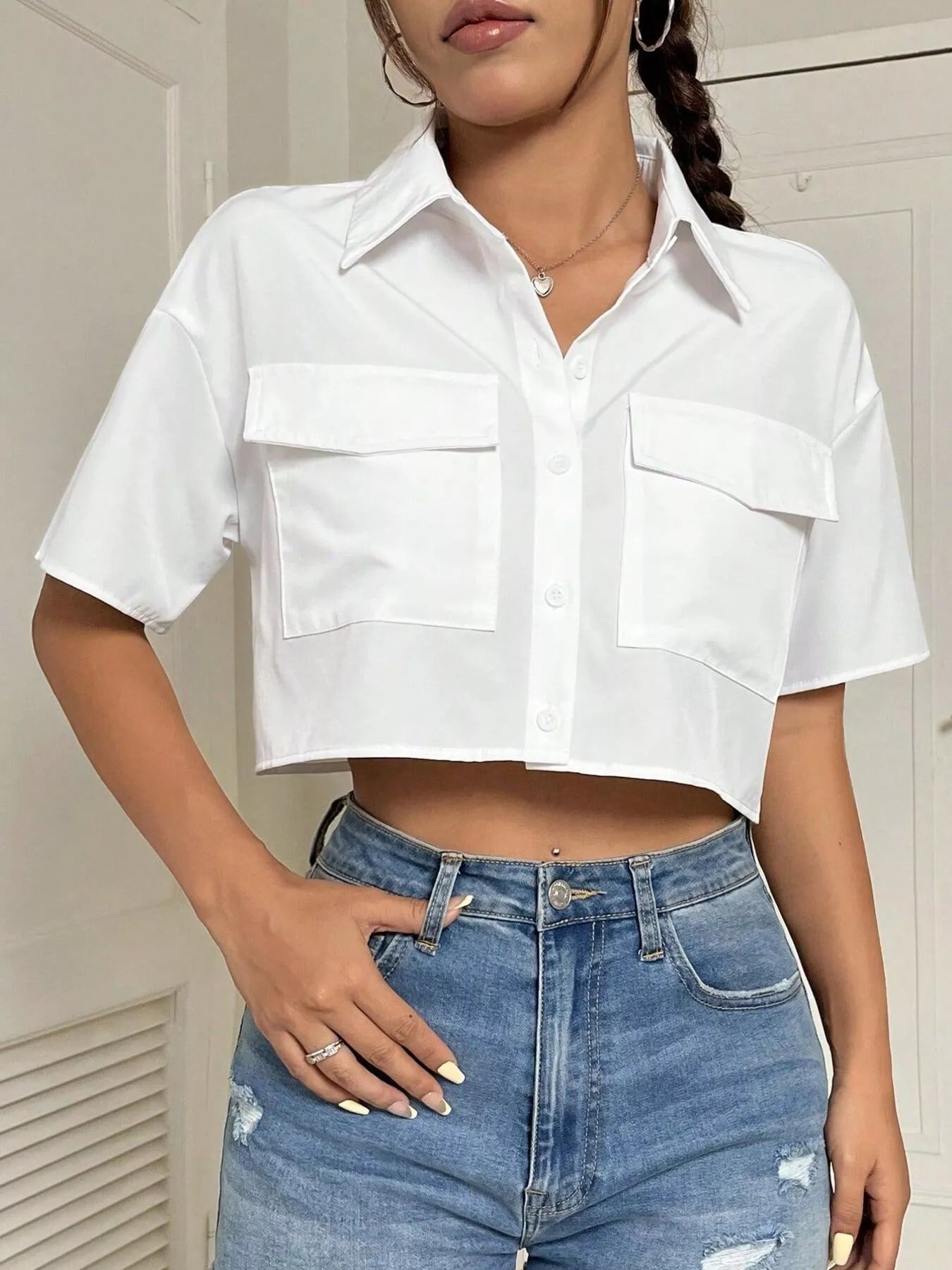 Trendsi Short Sleeve Crop Shirt with Chest Pockets -