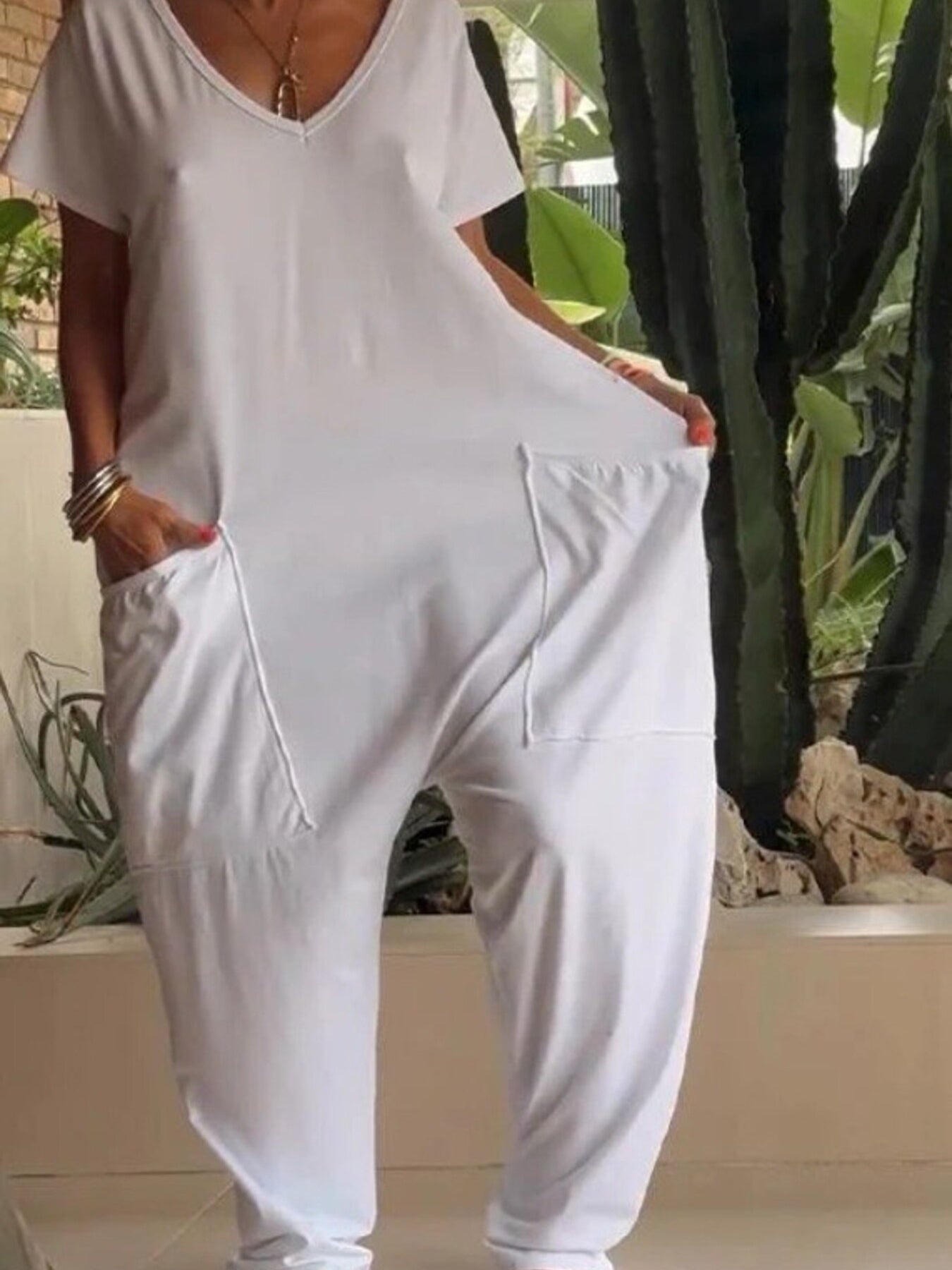 Trendsi Full Size Loose Fit V-Neck Short Sleeve Wide Leg Jumpsuit Plus Size -