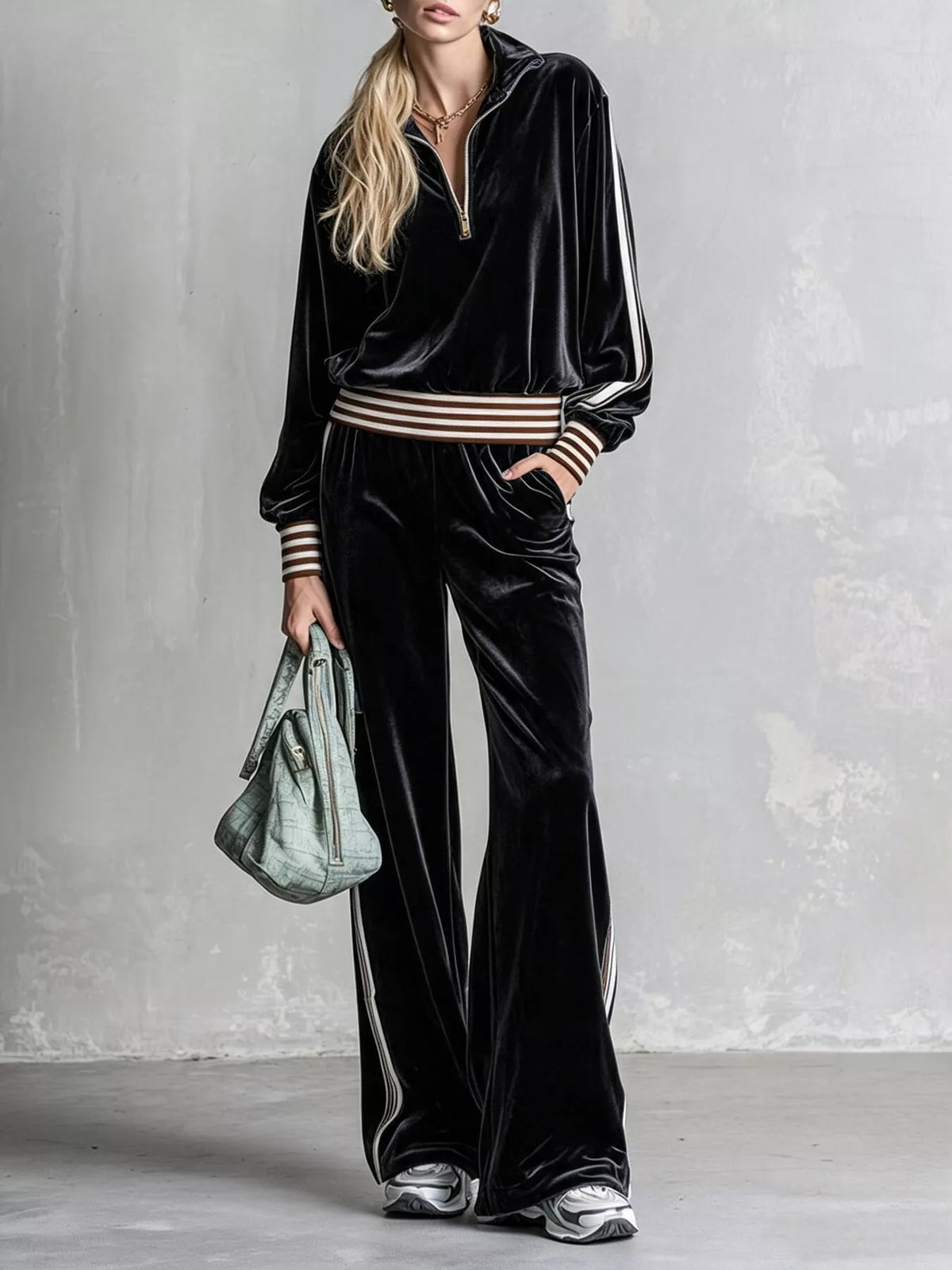 Black striped half-zip top and pants set, front view