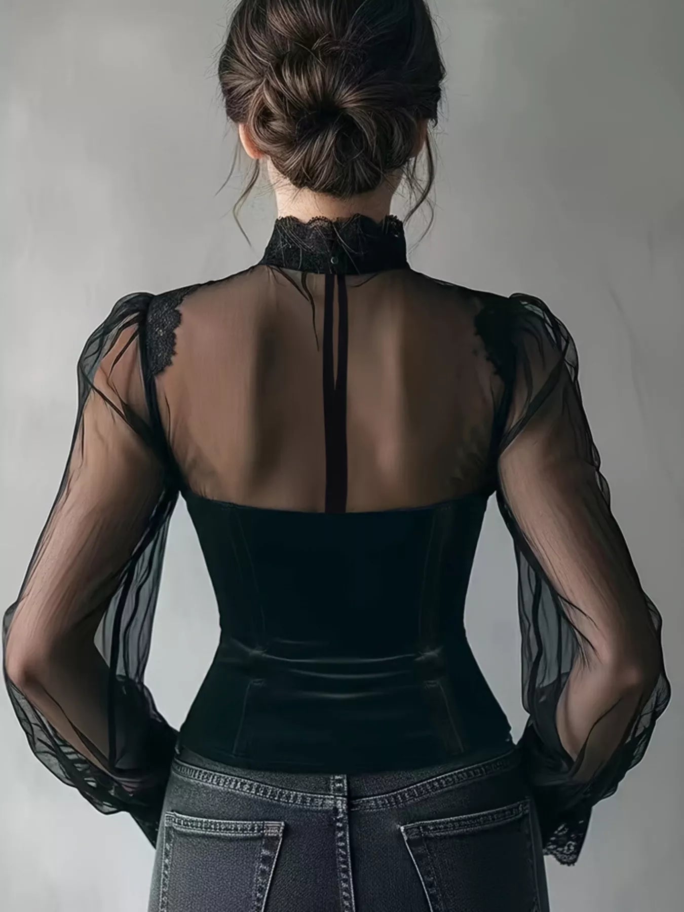 Trendsi Lace Trim Velvet Sheer Sleeve Blouse -