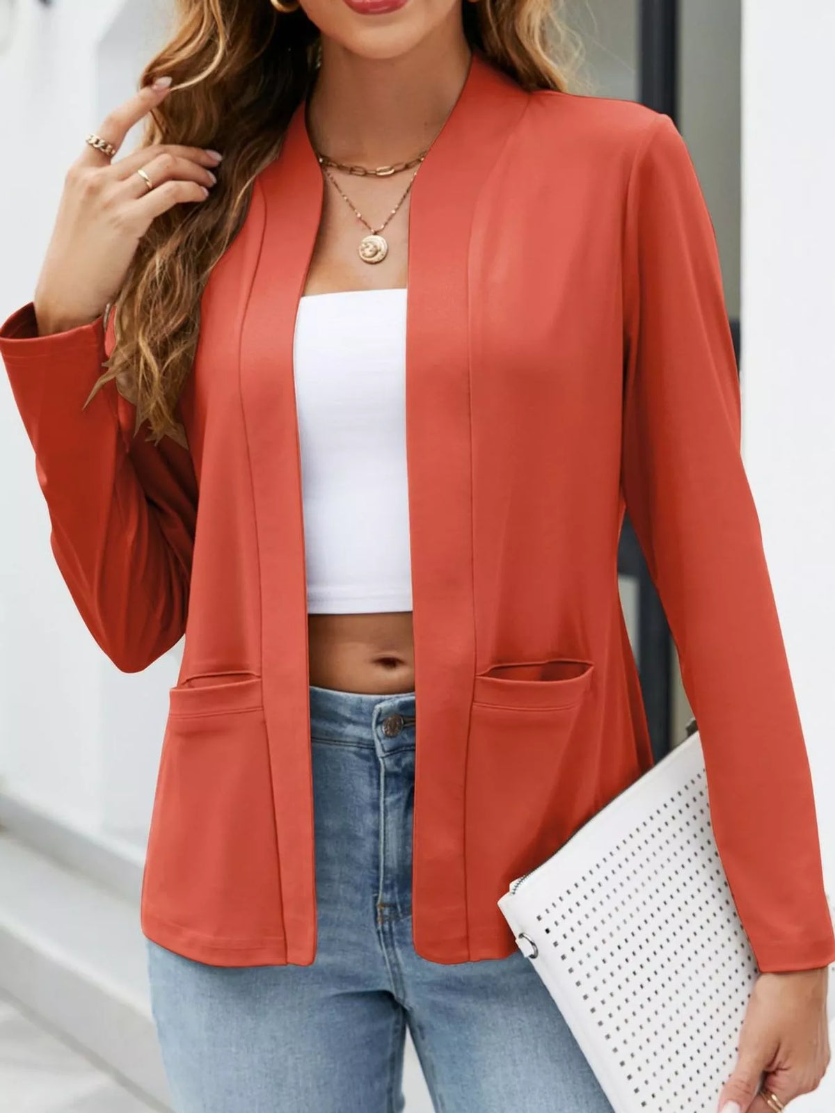 Mandarin neck long sleeve blazer, front view on model