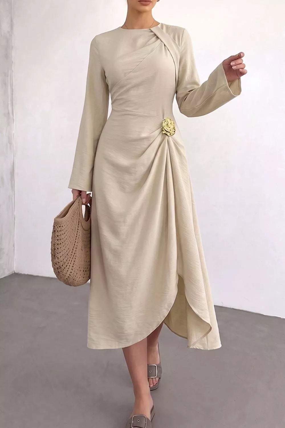 Trendsi Ruched Long Sleeve Midi Dress -