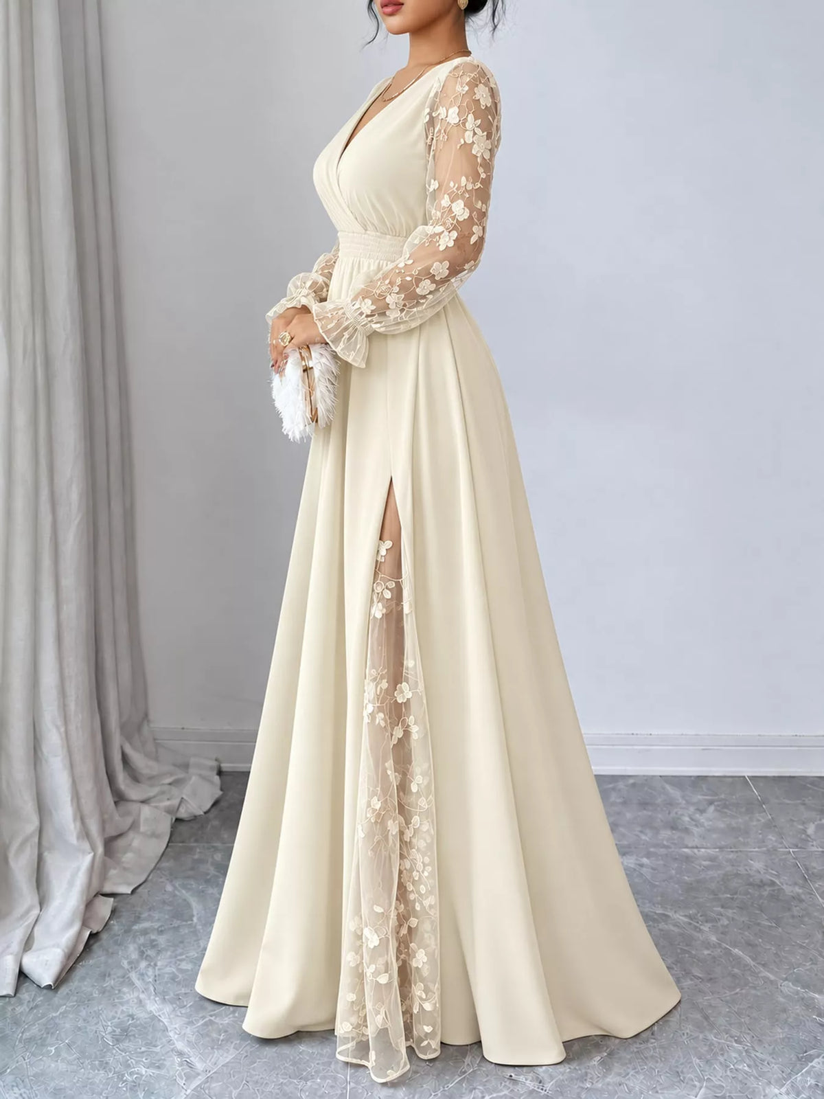 V-neck long sleeve maxi dress, side view