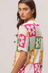 Trendsi BiBi Flower Checker Pattern Lightweight Sweater Top -