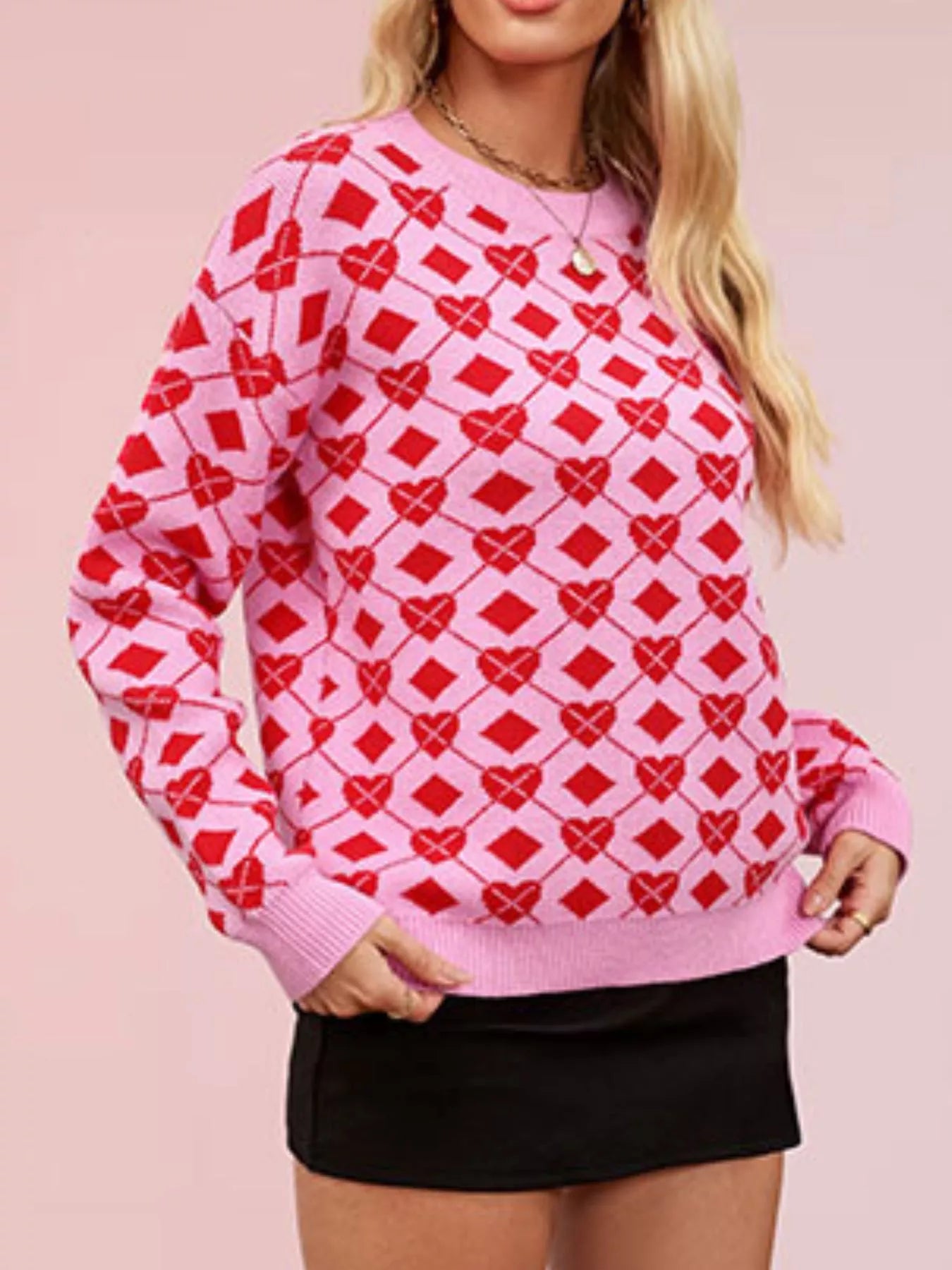 Trendsi Heart Pattern Argyle Knit Long Sleeve Sweater -