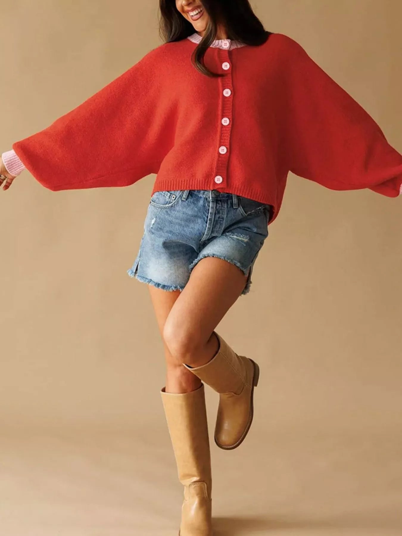 Trendsi Button-Front Knit Cardigan with Contrast Trim -