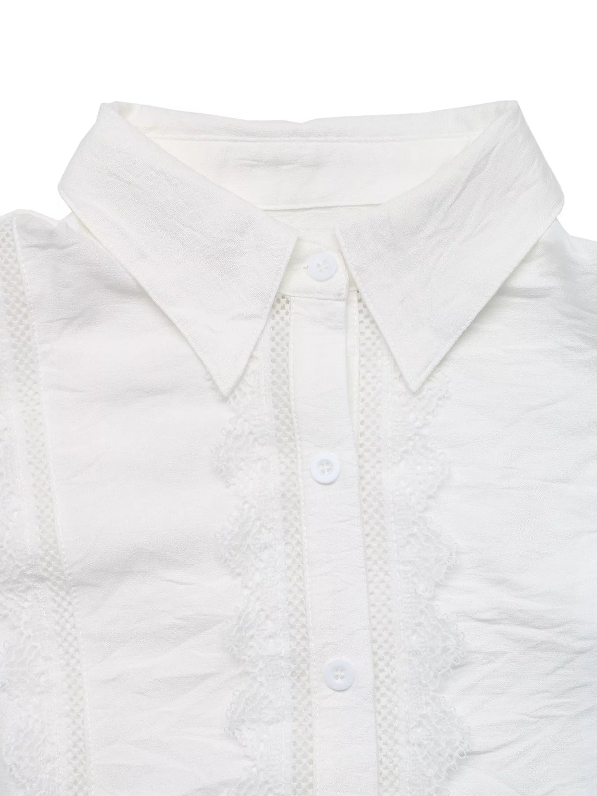 White lace-trimmed button-down shirt, collar detail