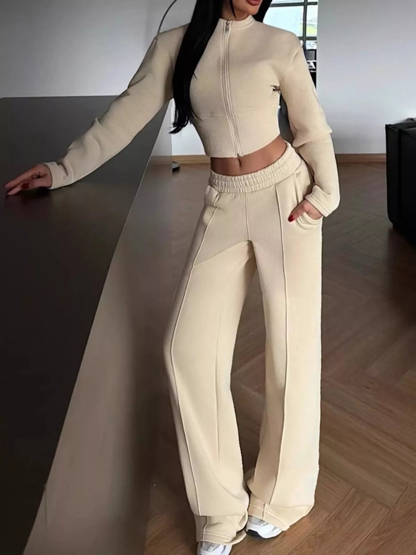 Trendsi Zip-Up Crop Jacket and Wide-Leg Pants Set -
