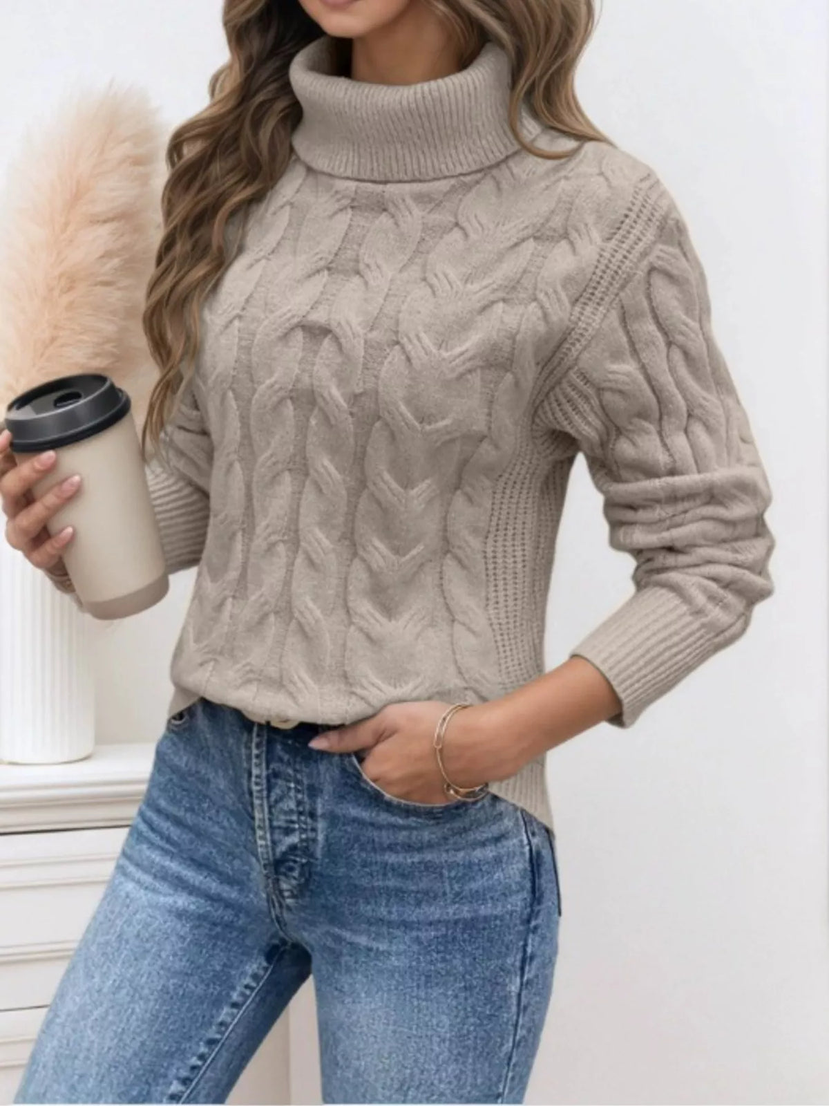 Women's Cable-Knit Turtleneck Sweater in White, front view