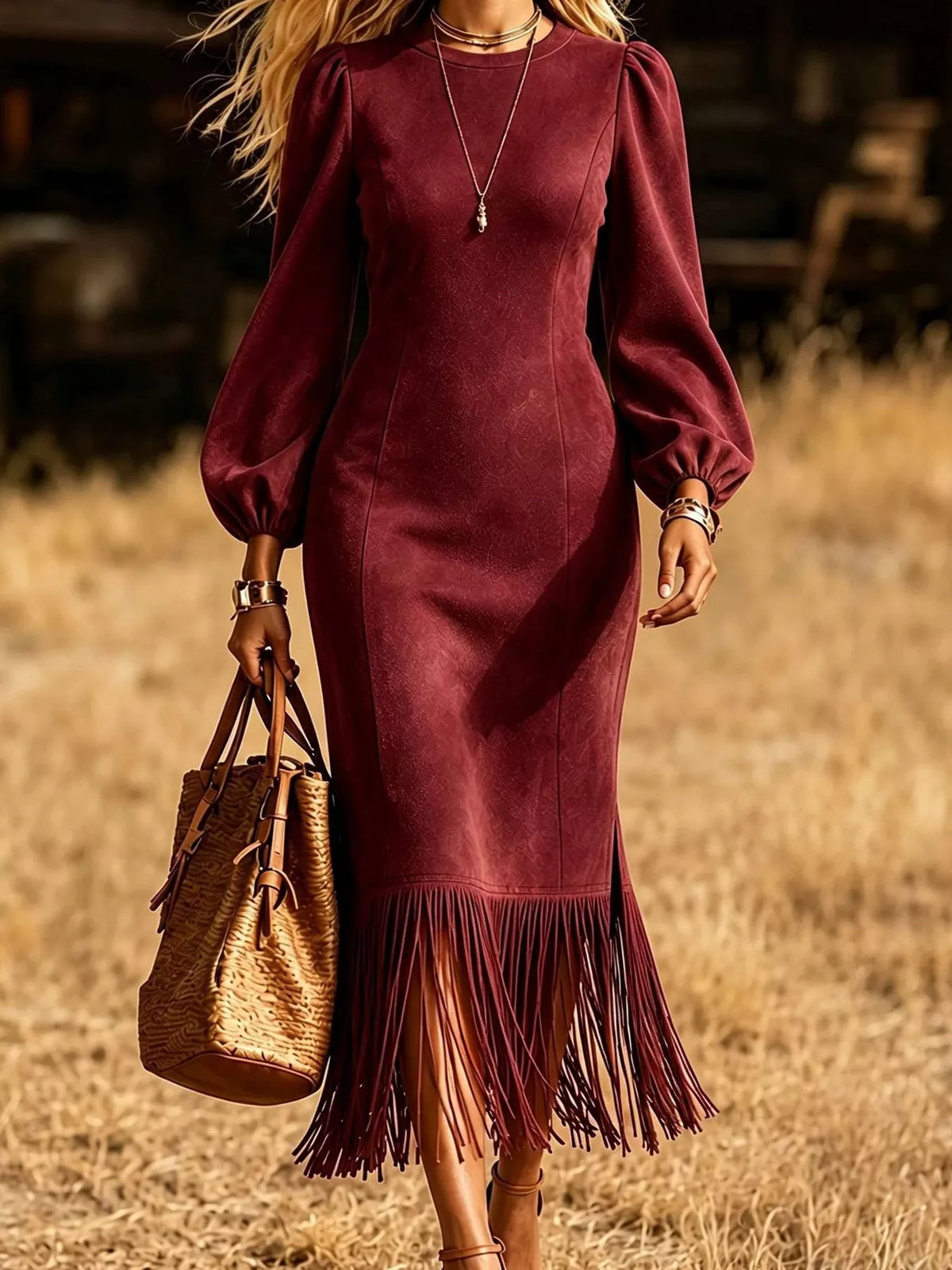 Burgundy fringe hem balloon sleeve midi dress, balloon sleeves, skirt panel seams, and fringe