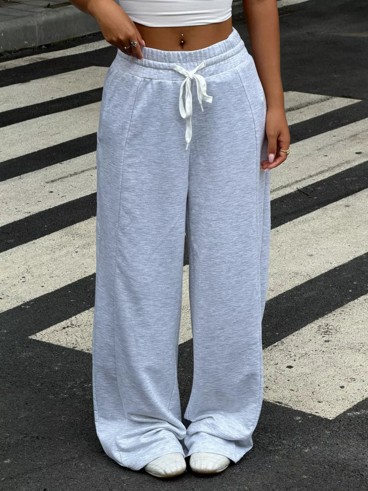 Drawstring Wide-Leg Pants in gray, front view
