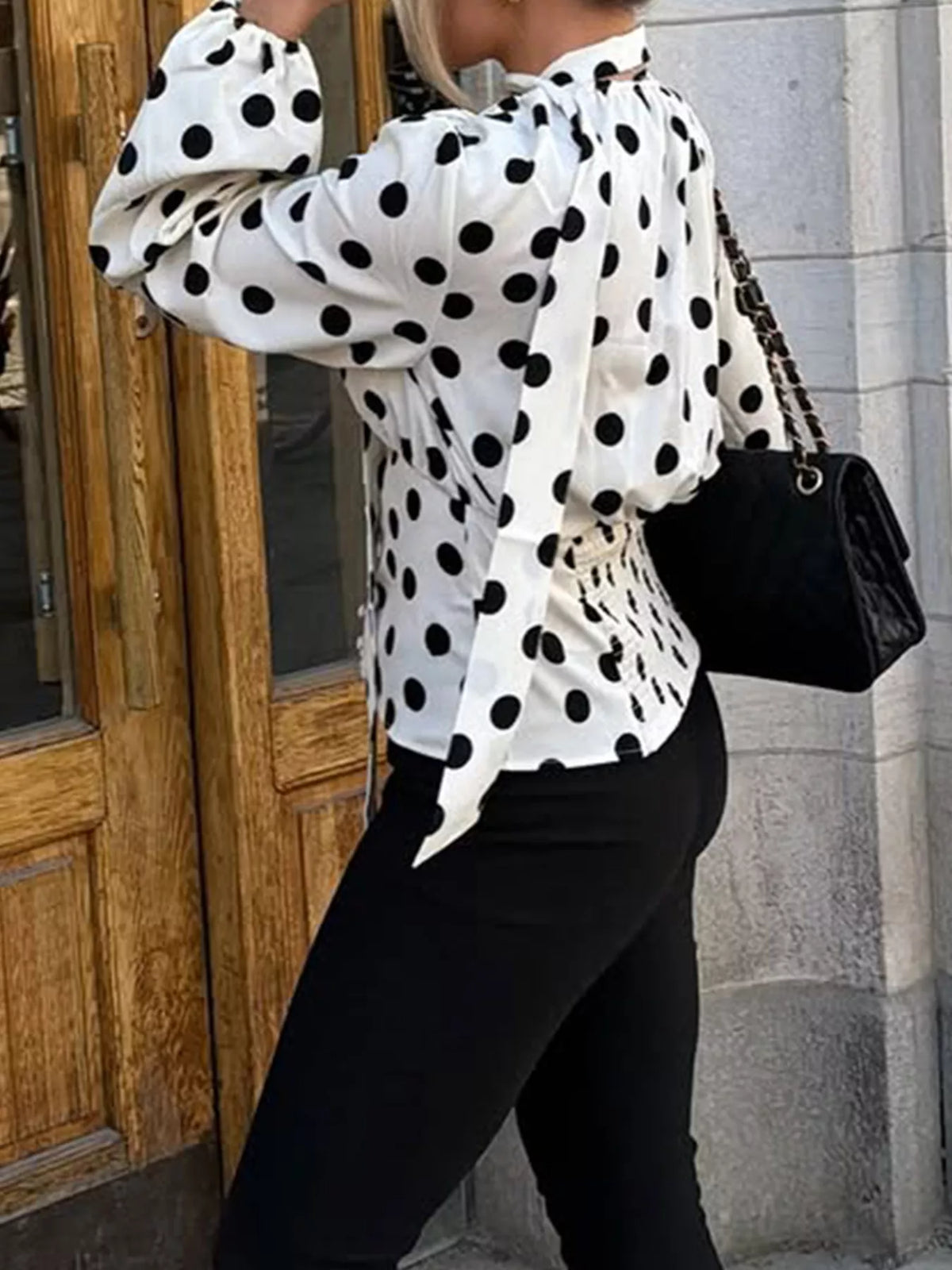 Polka Dot Balloon Sleeve Blouse in white, back view