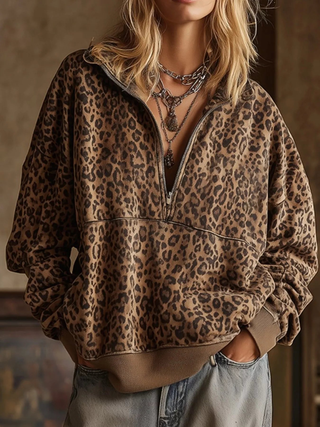 Trendsi Leopard Half Zip Oversized Sweatshirt -