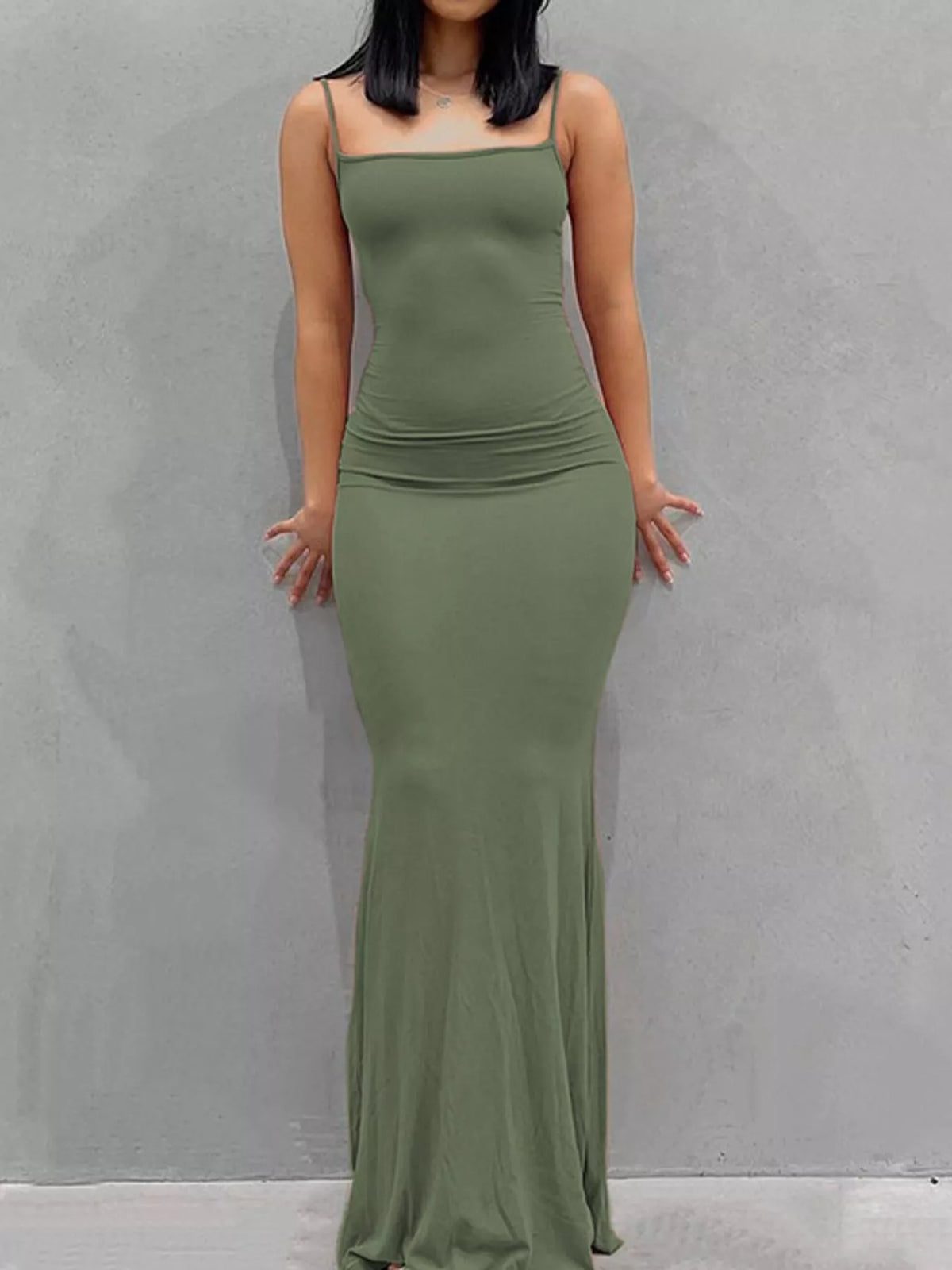 Square neck spaghetti-strap maxi dress, front view on model