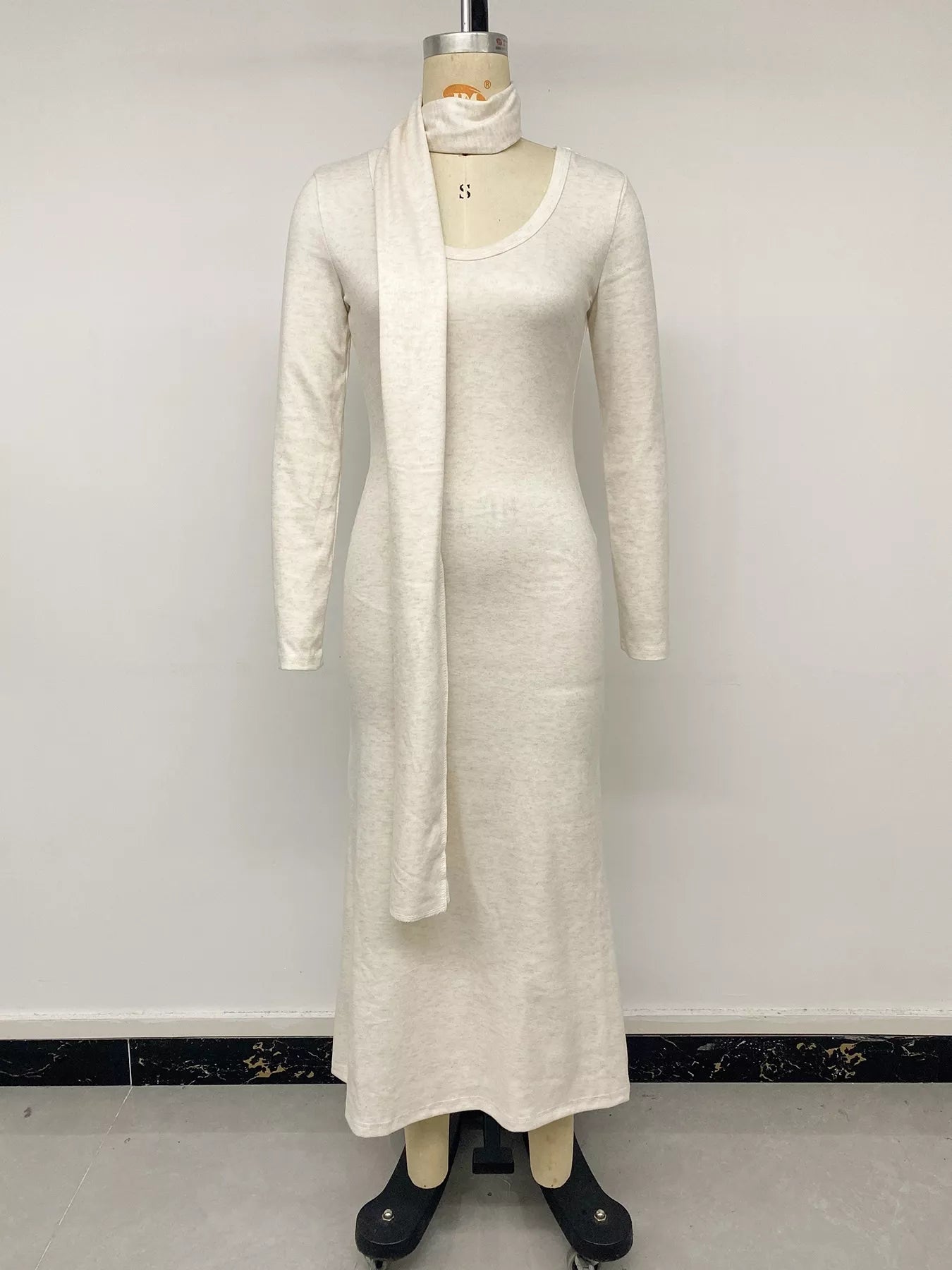 Trendsi Round Neck Maxi Knit Dress with Matching Scarf -