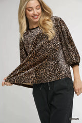 Trendsi Umgee Leopard Round Neck Three-Quarter Sleeve Blouse -
