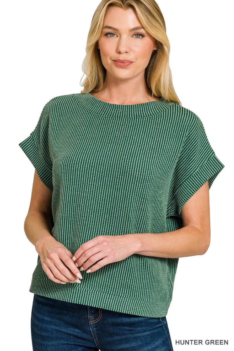 Women's Hunter Green Ribbed Cap Sleeve Relaxed-Fit Top — product view 1